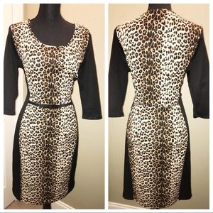 Leopard print dress with front gold buckle.